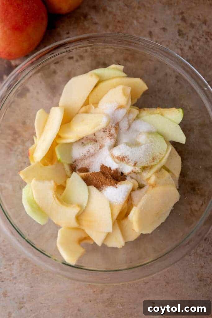Sliced apples in a bowl with cinnamon and nutmeg