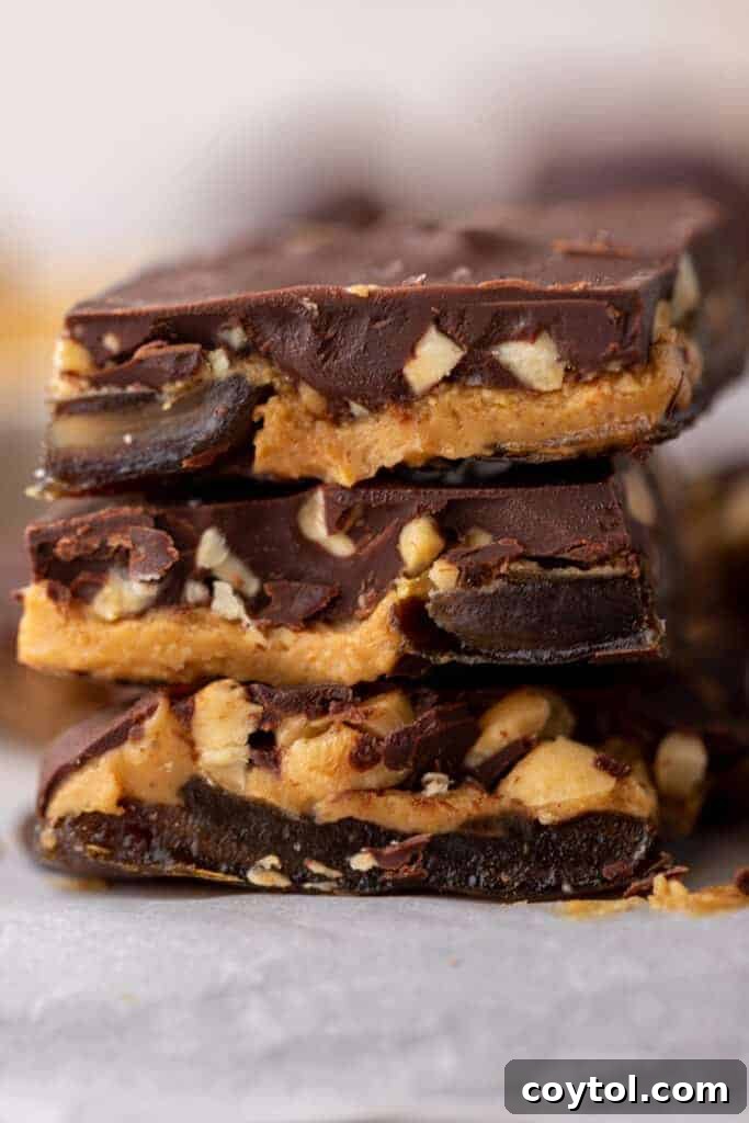 Close-up of freshly made viral date bark with melted chocolate and peanuts