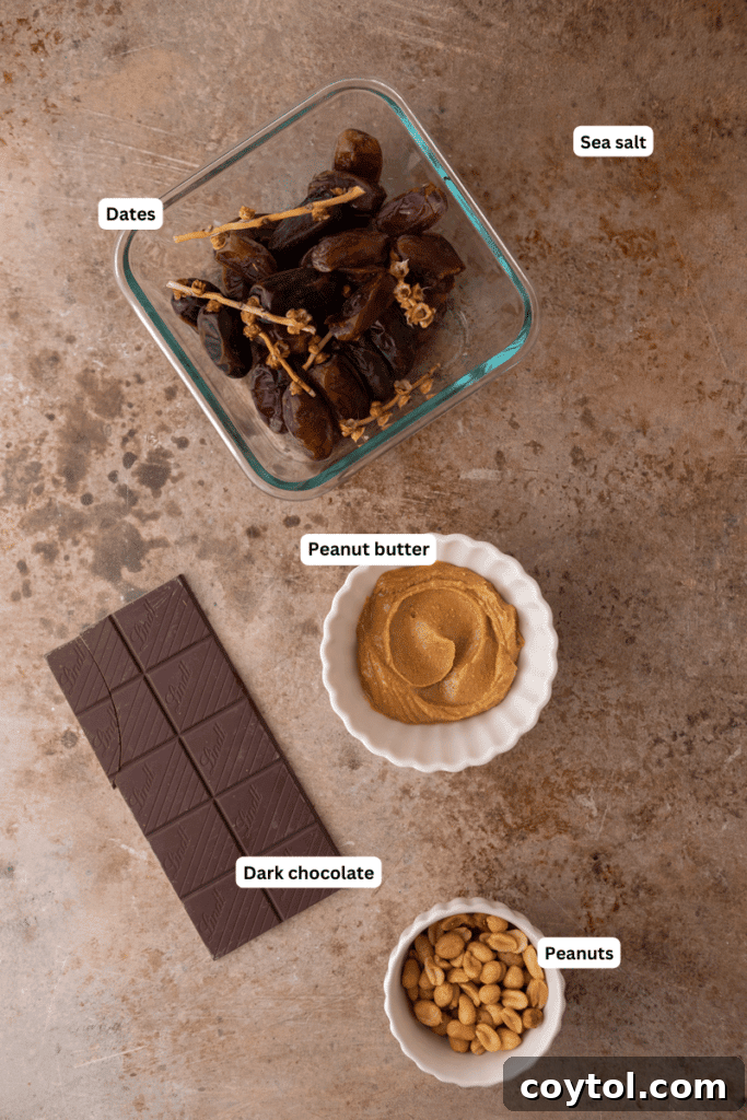 Simple ingredients laid out on a kitchen counter for making date bark