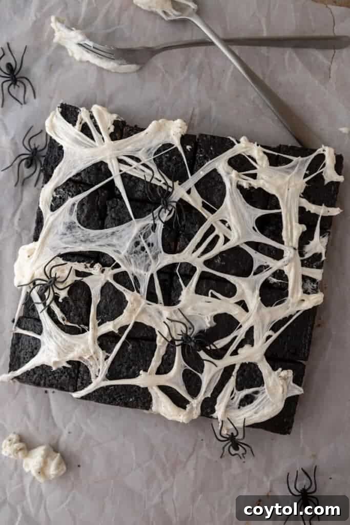 Black cocoa brownies decorated with marshmallow spiderwebs and chocolate spiders.