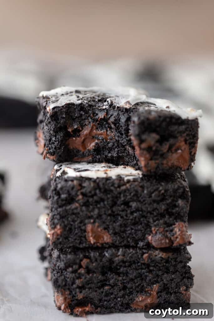 A stack of rich black cocoa brownies, showing off their fudgy interior.