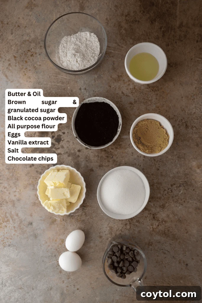 Assortment of ingredients laid out on a kitchen counter, ready for baking black cocoa brownies.