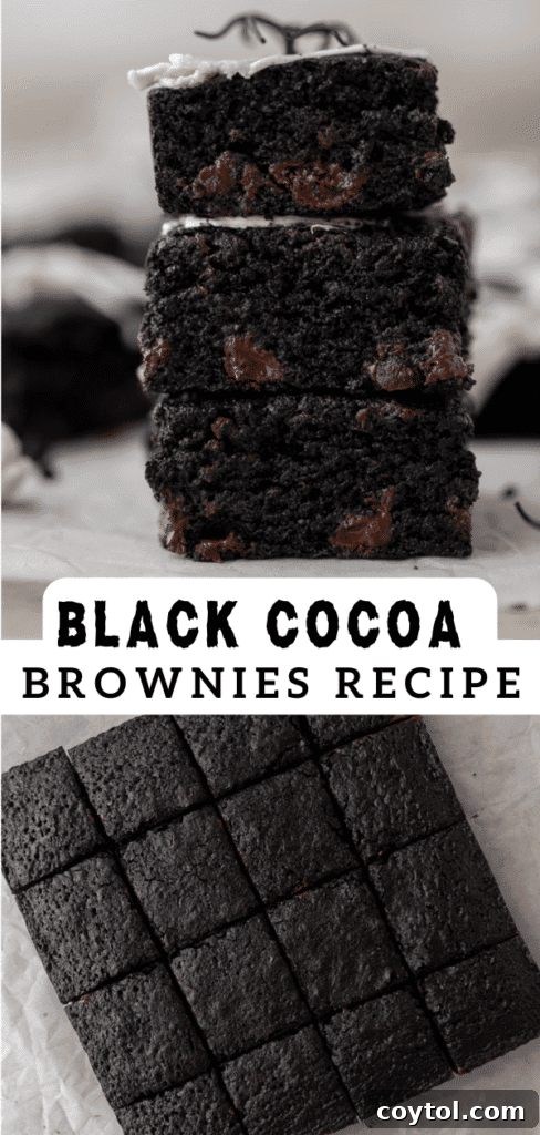 Black cocoa brownies on a serving platter, a great Pinterest image.
