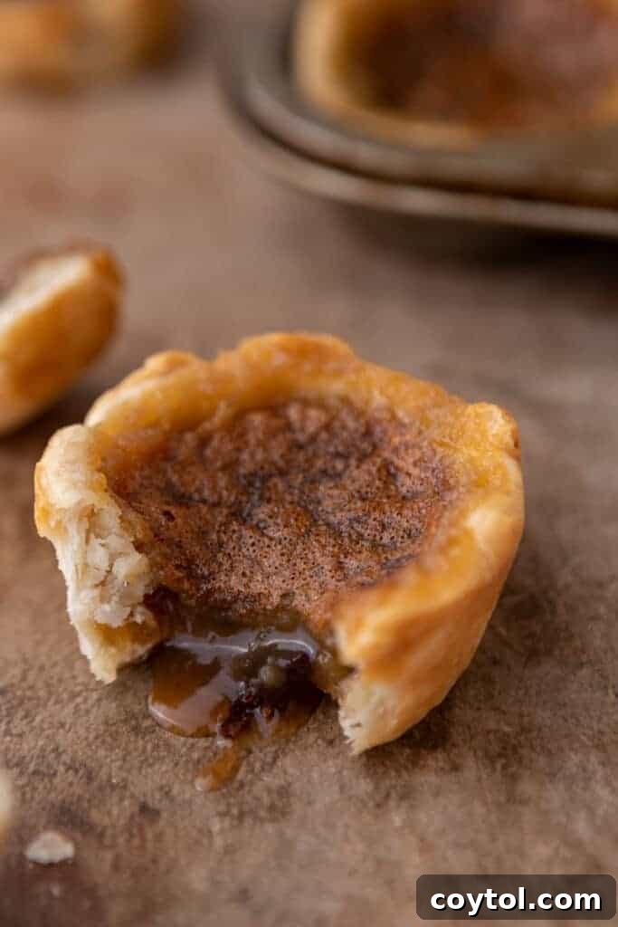 A close-up of gooey Canadian butter tarts fresh out of the oven, showing their luscious filling