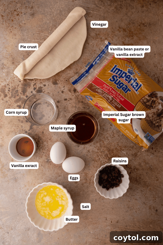 A collection of ingredients for Canadian butter tarts laid out on a kitchen counter