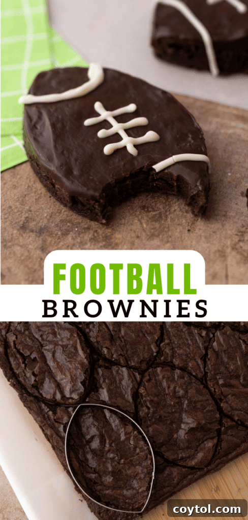An inviting image of multiple fudgy football brownies, perfectly lined up and ready for a party.