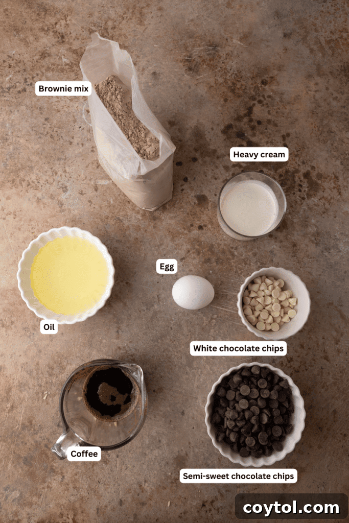 All the essential ingredients for making football brownies laid out on a kitchen counter, ready for baking.