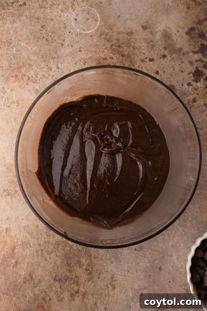 Close-up of brownie batter being mixed in a large bowl, showing its rich, thick consistency.