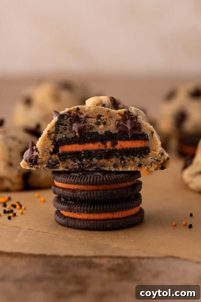 split Halloween Oreo stuffed chocolate chip cookies stacked on two oreos