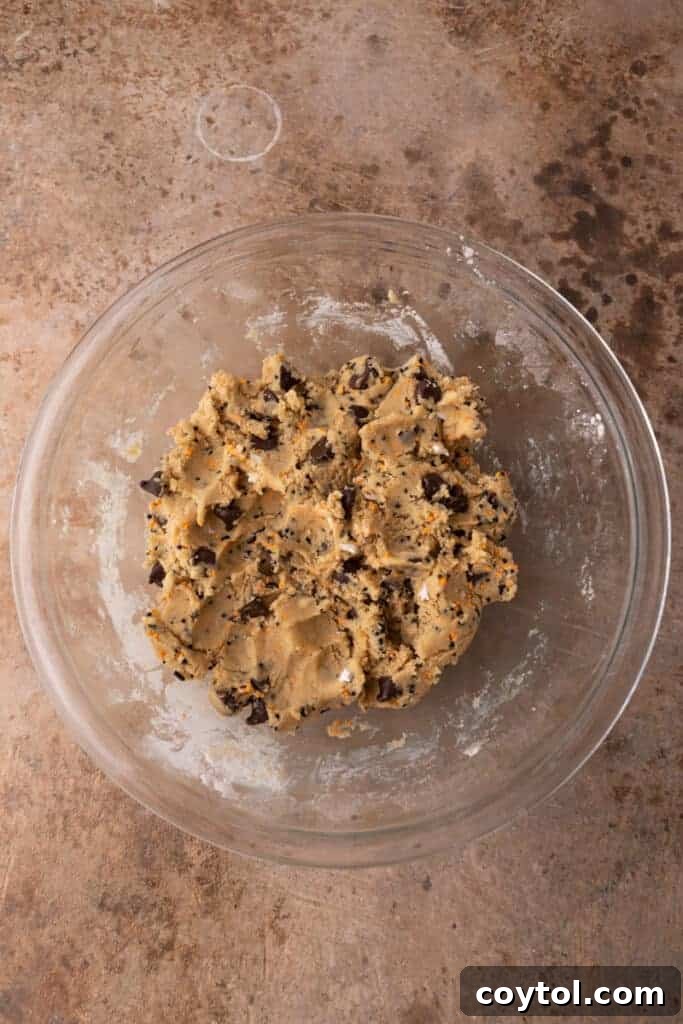 chocolate chips mixed into the batter in the bowl