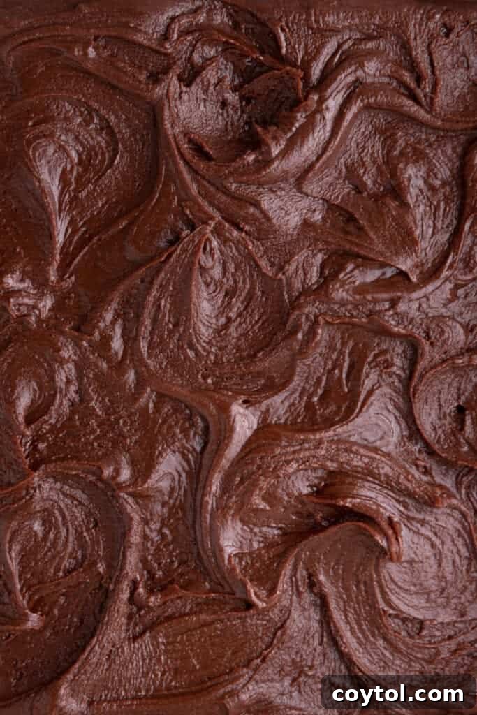 The 4-Minute Frosting Hack for Brownies 11 A close-up of solidified chocolate brownie frosting, showing its perfect set texture.