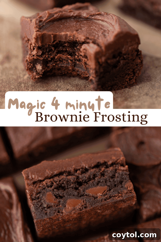 The 4-Minute Frosting Hack for Brownies 14 Close-up of rich chocolate frosting for brownies, spread smoothly on a delicious baked treat.