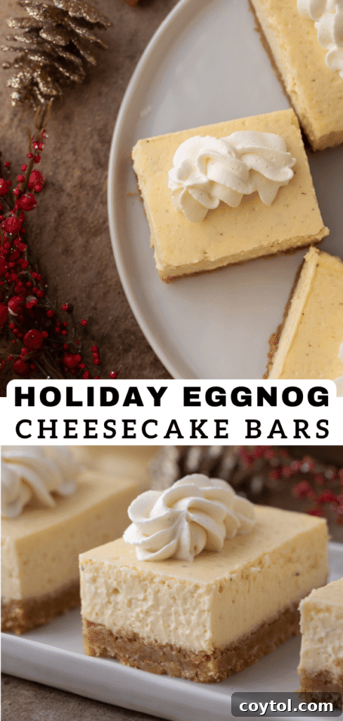 Creamy Eggnog Cheesecake Bars with a sprinkle of nutmeg, perfect for holiday gatherings.
