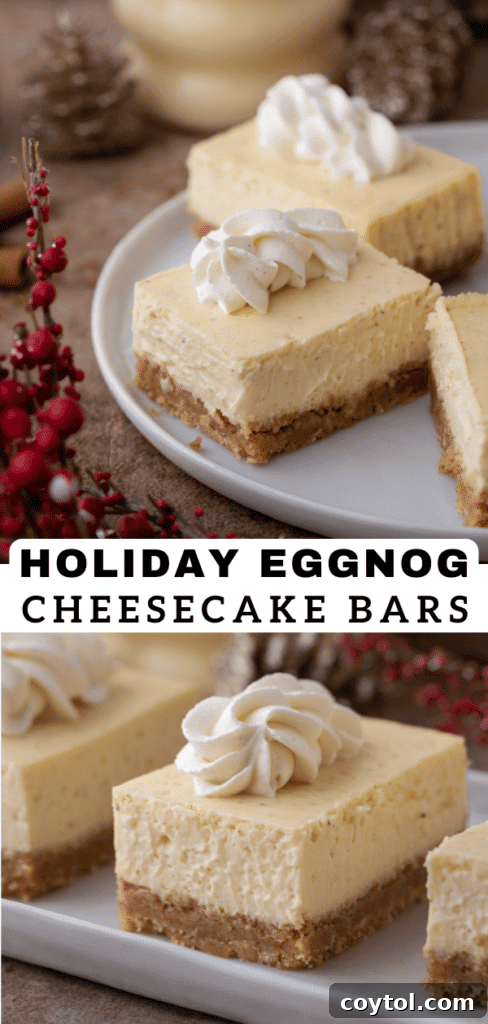 A festive close-up of Eggnog Cheesecake Bars, showing their smooth texture and golden crust.
