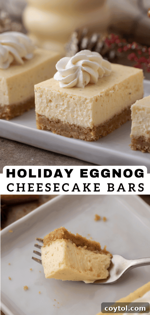 Three Eggnog Cheesecake Bars arranged on a serving plate, adorned with whipped cream and nutmeg.