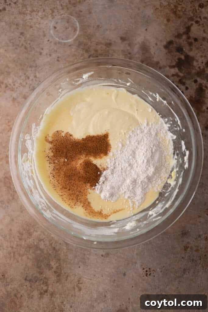 Dry ingredients and spices resting on top of the cheesecake batter in a bowl before final mixing.