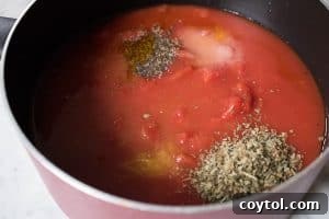 Tomatoes with pepper, salt, basil, and orange juice simmering