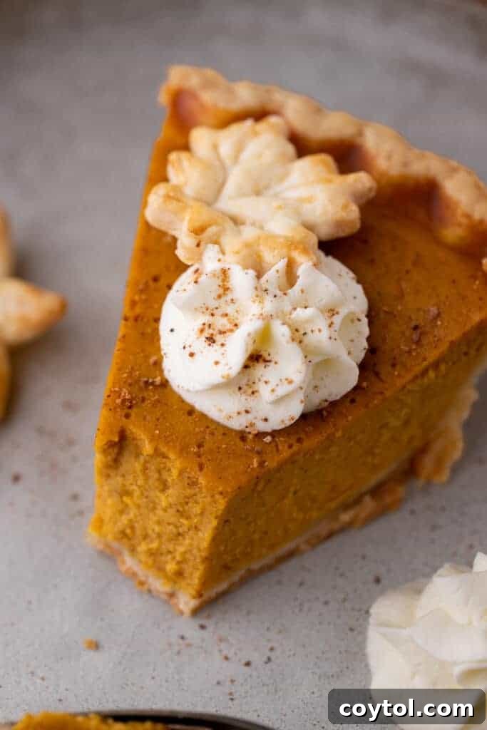 A slice of pumpkin pie with a bite taken out, showing its creamy texture