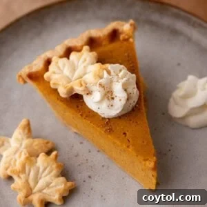 A perfectly baked slice of pumpkin pie on a plate, ready to be enjoyed