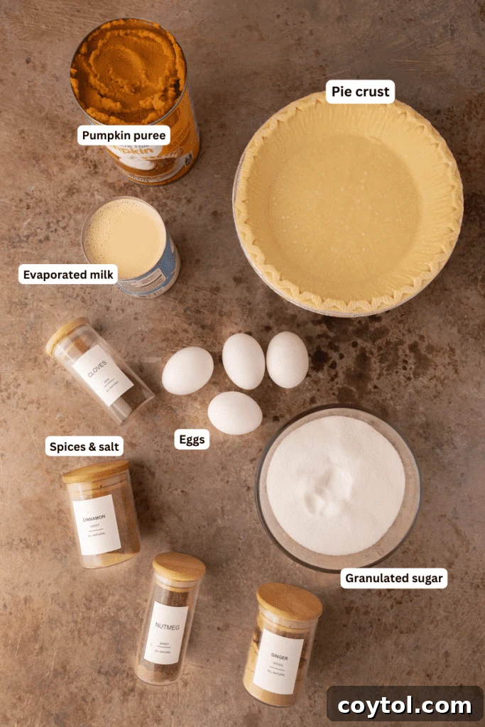 A collection of fresh ingredients laid out for preparing two pumpkin pies