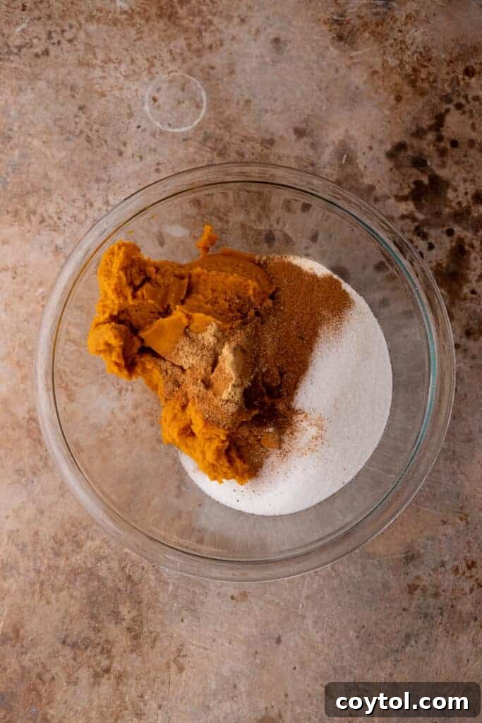 Initial ingredients for pumpkin pie filling in a mixing bowl