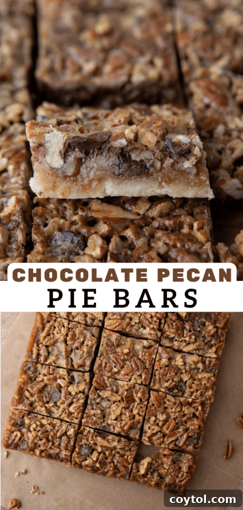 Chocolate pecan pie bars with a festive holiday background