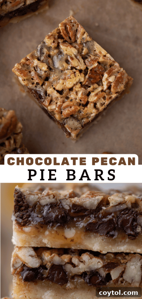 Close-up of chocolate pecan pie bars on a serving tray