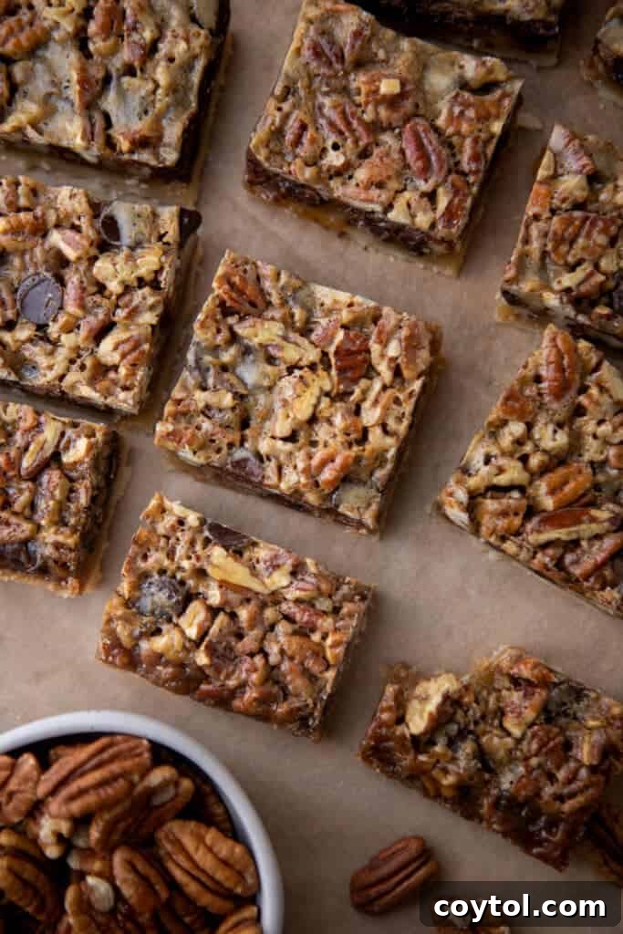 multiple squares of chocolate pecan pie bars arranged in a baking dish