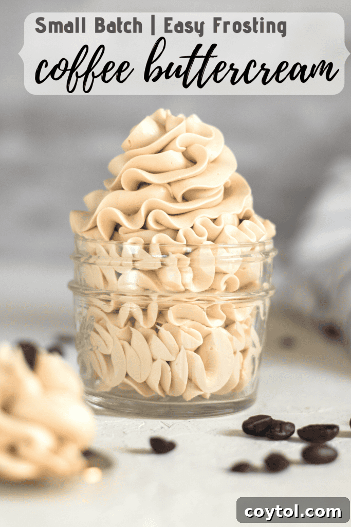 Pin for coffee frosting - Small batch coffee buttercream, showing the frosting in a bowl.