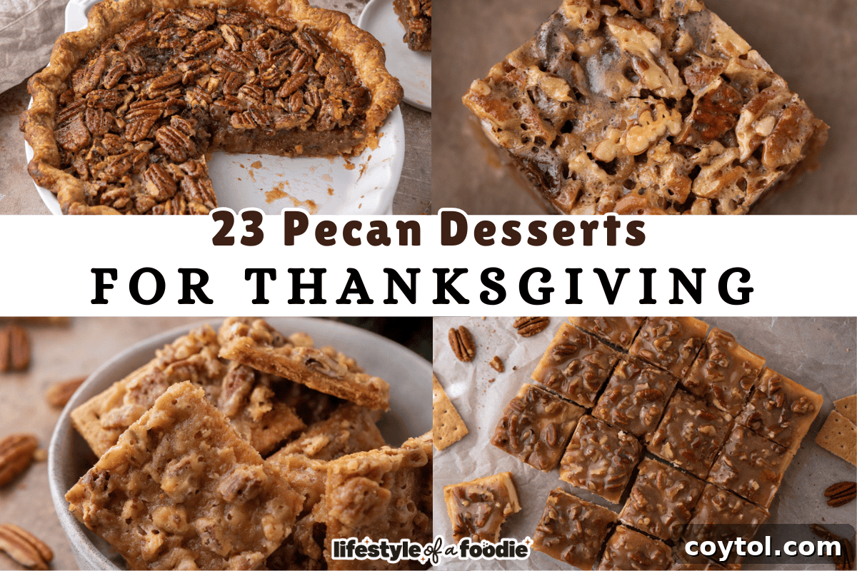 A grand selection of 23 diverse pecan desserts, beautifully arranged for a festive holiday spread, featuring pies, bars, cookies, and sweet potato dishes.