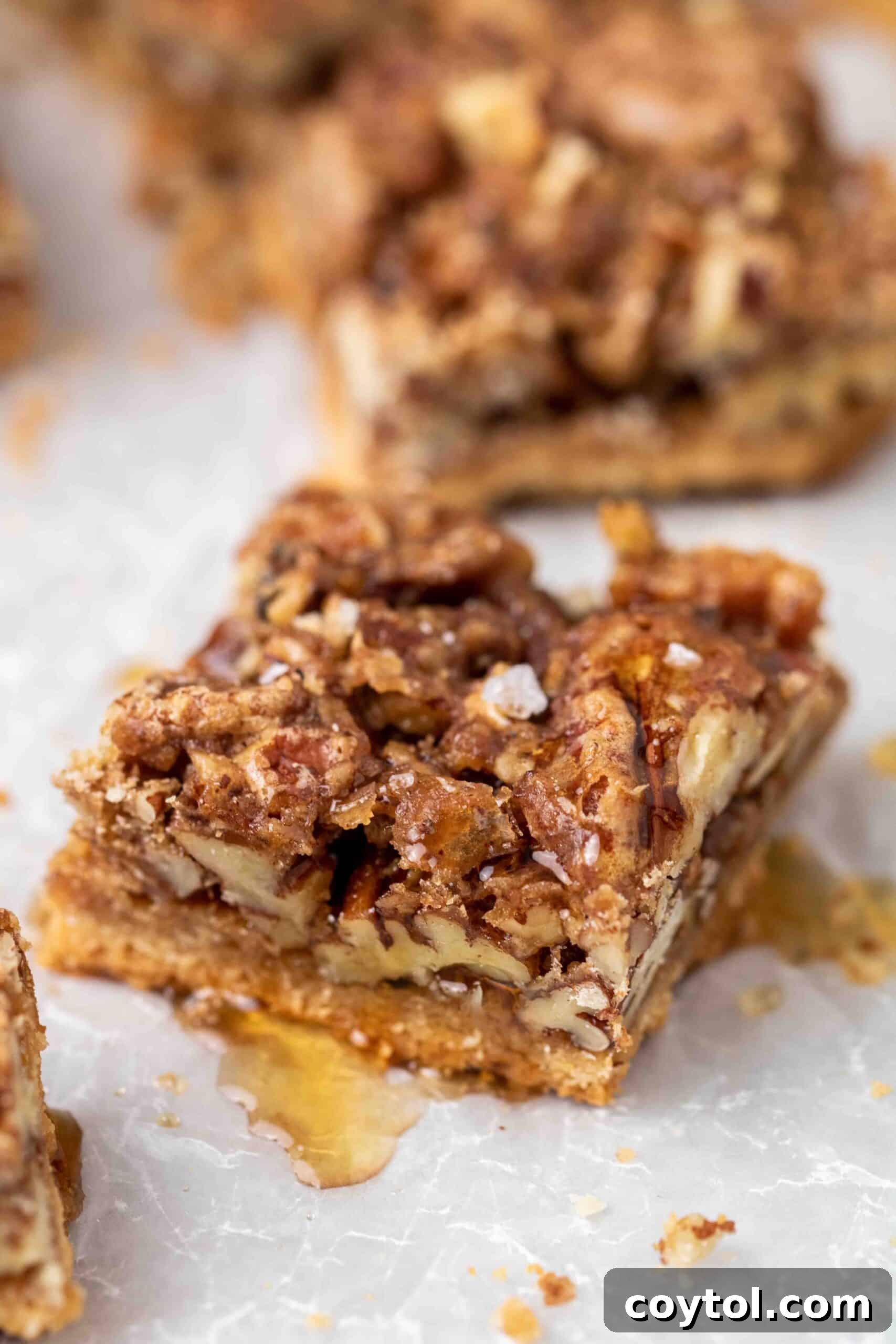 A close-up shot of a perfectly golden gluten-free pecan pie square, showcasing its nutty topping.
