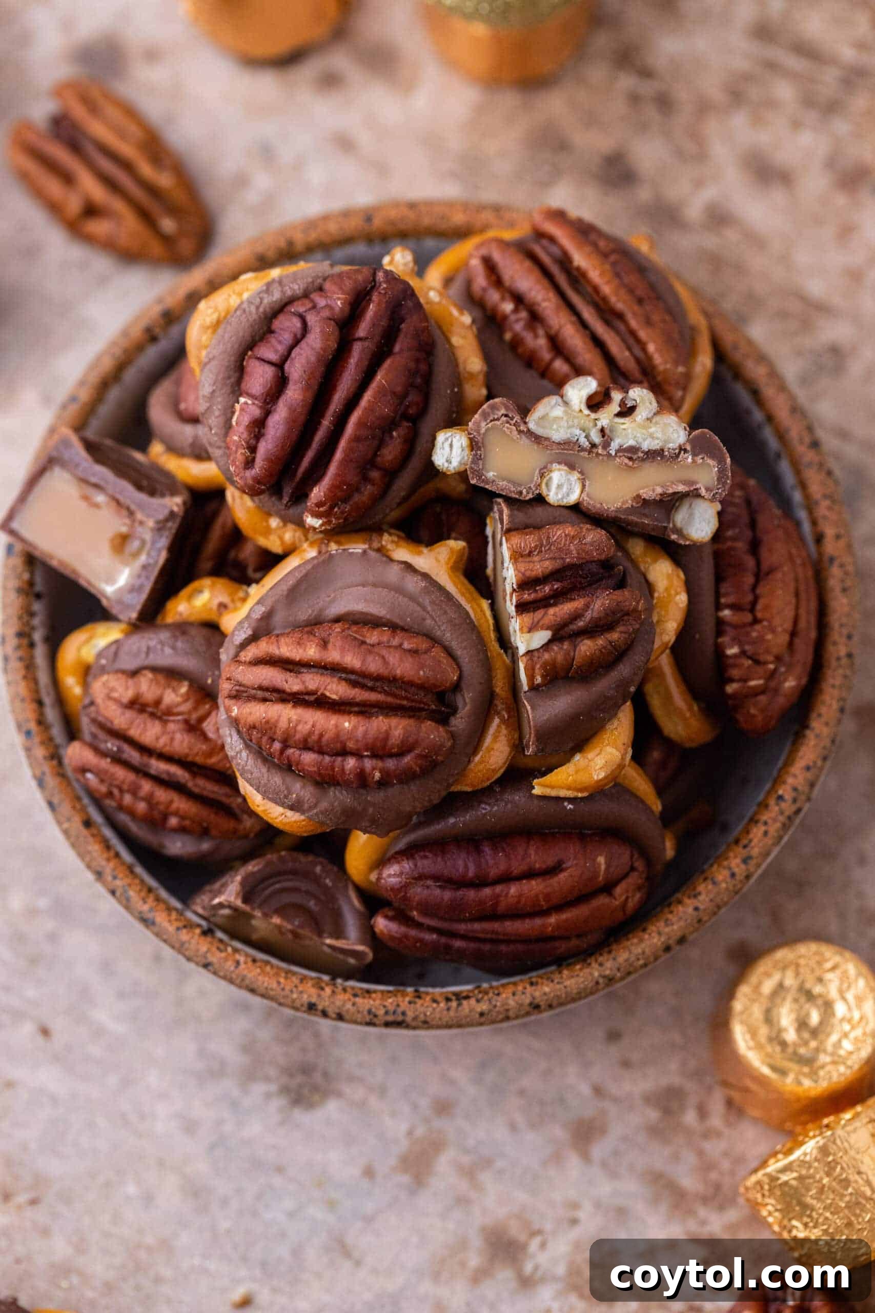 A delightful arrangement of Rolo pretzel turtles, showcasing their sweet, salty, and crunchy components.