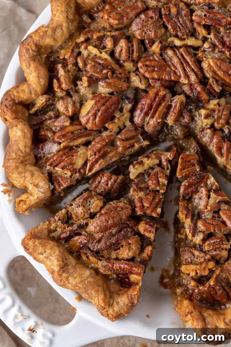 Overhead view of a traditional pecan pie recipe in a rustic baking dish, showcasing its golden crust and rich, glossy filling.