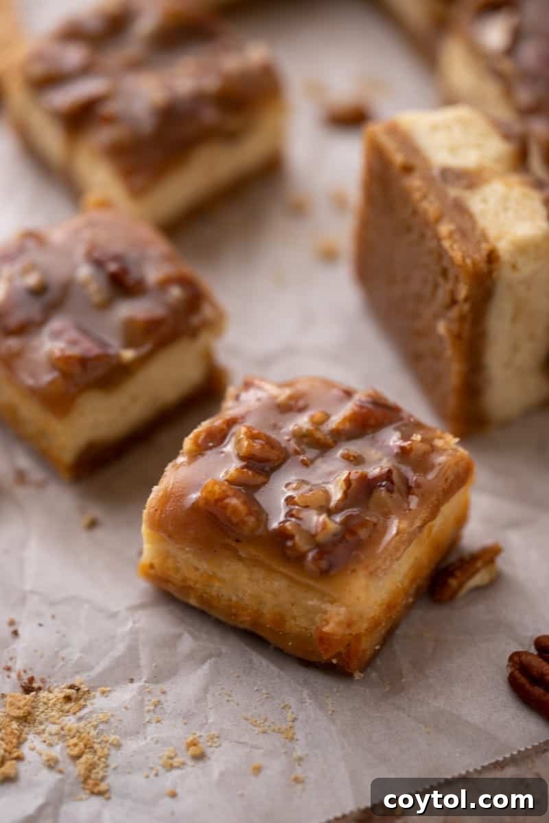A perfectly sliced pecan pie cheesecake bar, showing distinct layers of graham cracker crust, creamy cheesecake, and rich pecan topping.