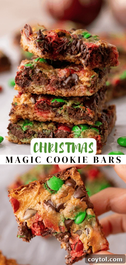 Festive Christmas Magic Cookie Bars with red and green M&M's
