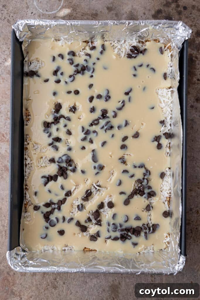 Sweetened condensed milk drizzled over coconut and chocolate chip layers