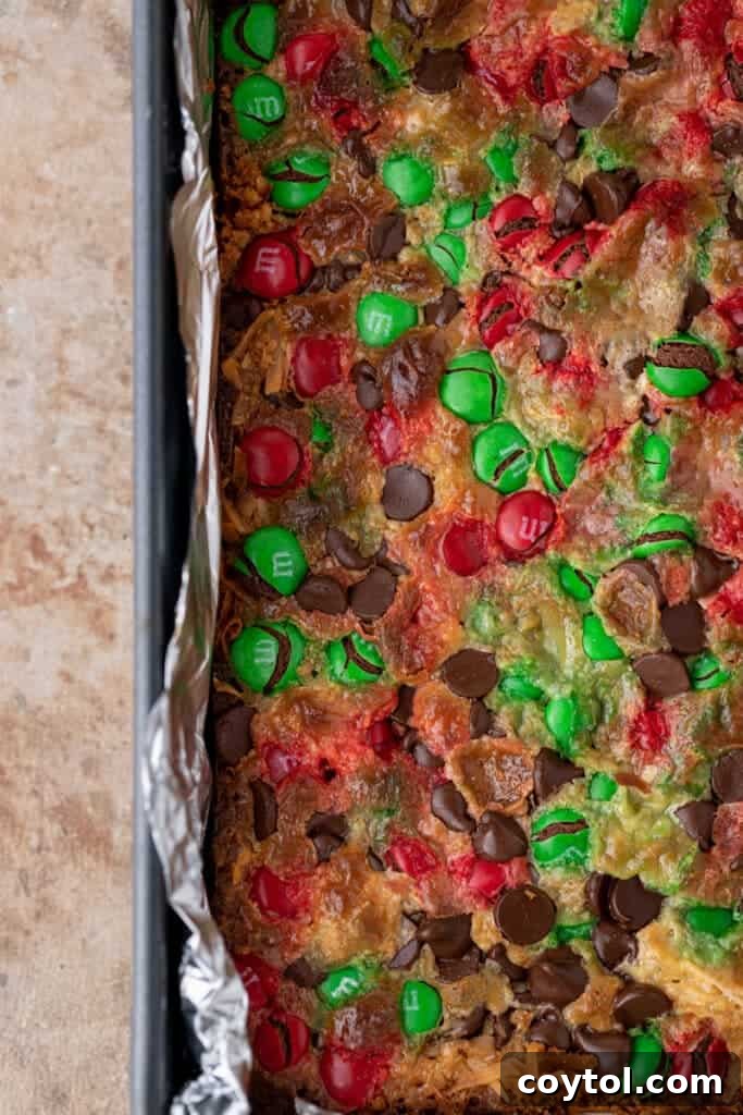 Fully baked Christmas Magic Cookie Bars, golden brown and set