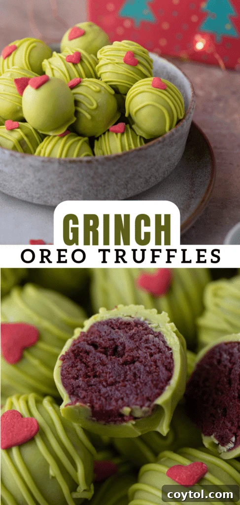 pinterest pin for the grinch oreo balls, vertical image