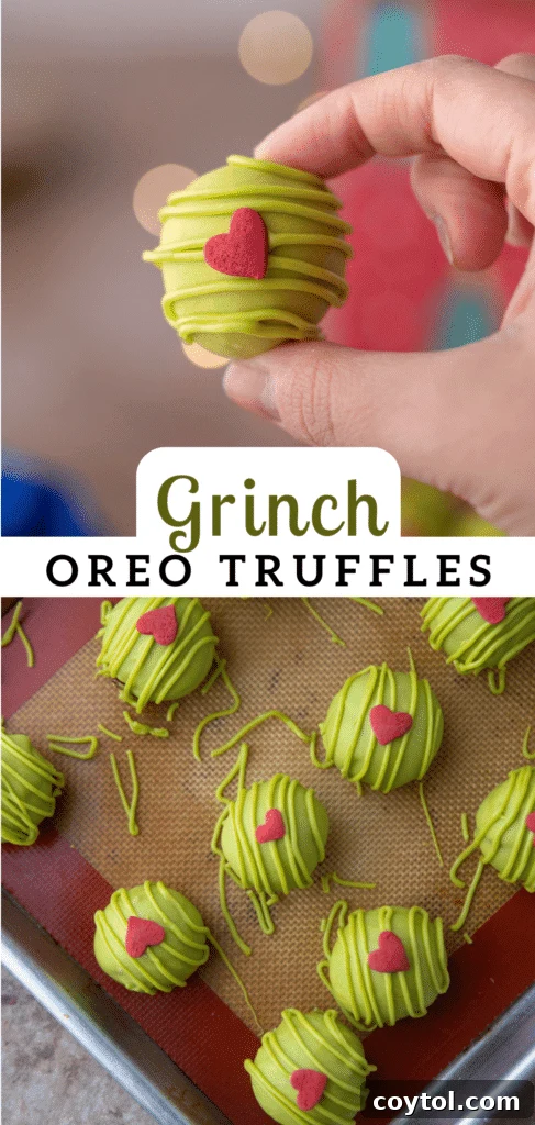 pinterest pin for the grinch oreo balls, vertical image