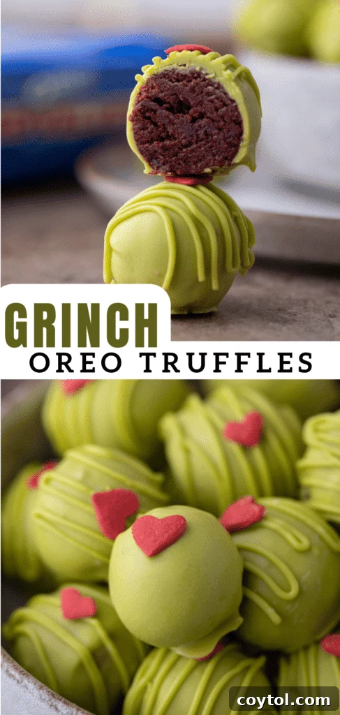 pinterest pin for the grinch oreo balls, vertical image