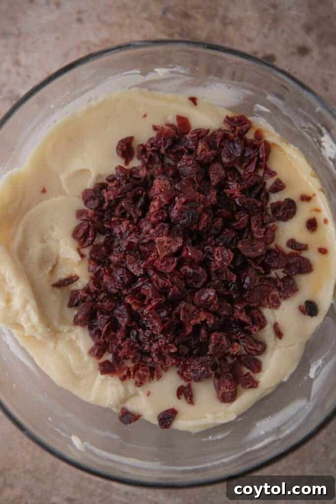 Dried cranberries being folded into the smooth, melted white chocolate mixture in a bowl, adding color and texture.