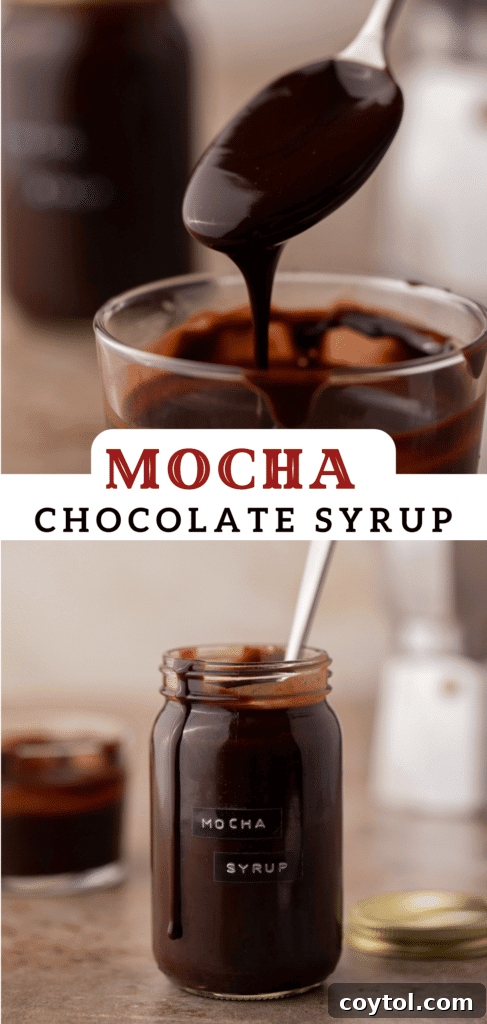 Whip Up Perfect Homemade Mocha Syrup 9 Pinterest collage featuring a variety of uses for homemade mocha coffee syrup.