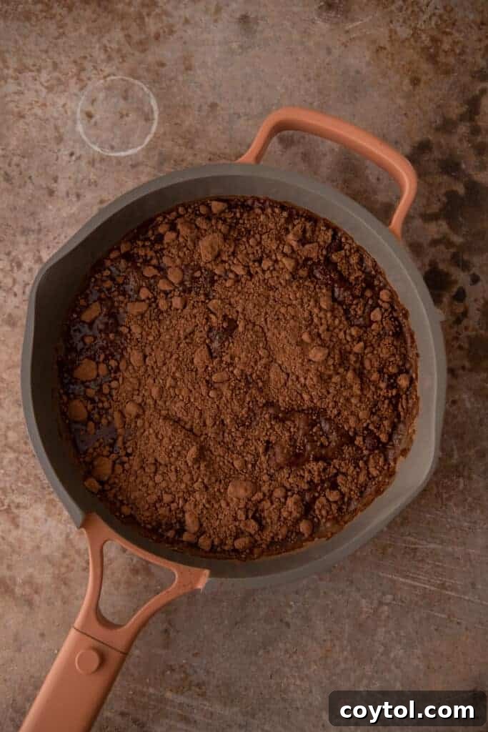 Whip Up Perfect Homemade Mocha Syrup 5 Dry cocoa powder and coffee grounds being mixed in a saucepan, the first step in making mocha syrup.