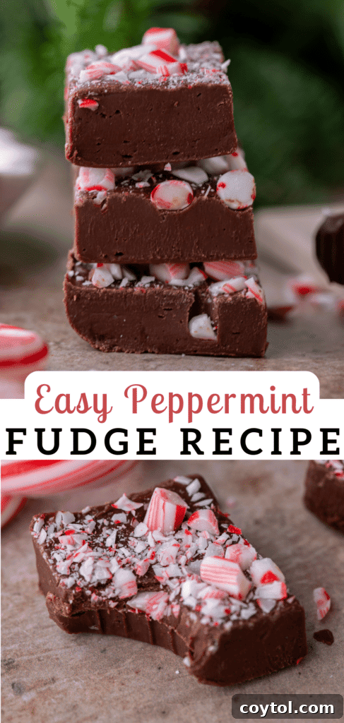 Pinterest pin graphic for peppermint fudge recipe, showing the finished fudge.