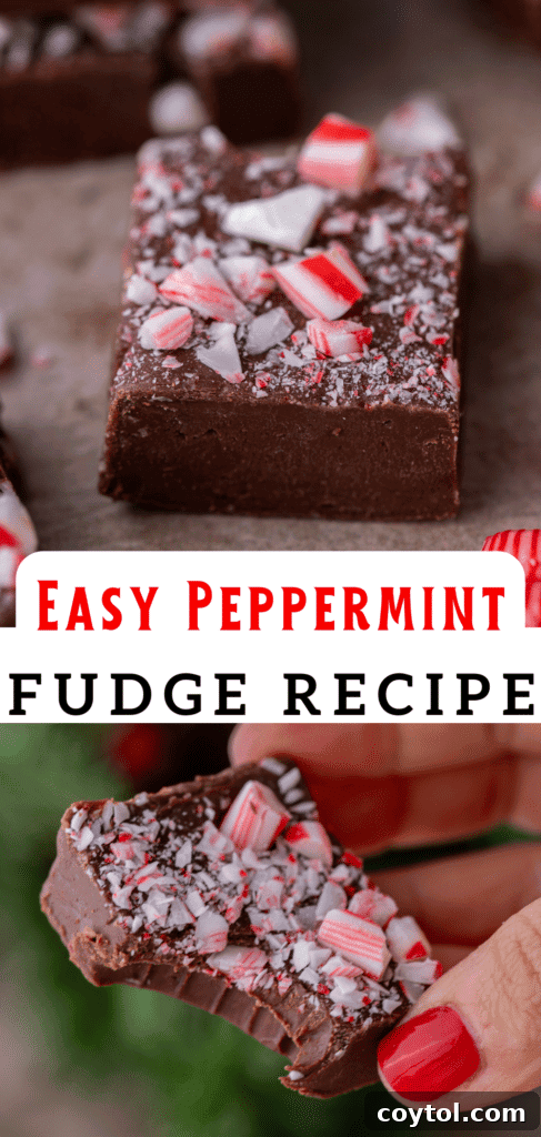 Another Pinterest pin graphic for peppermint fudge recipe, focusing on the festive look.