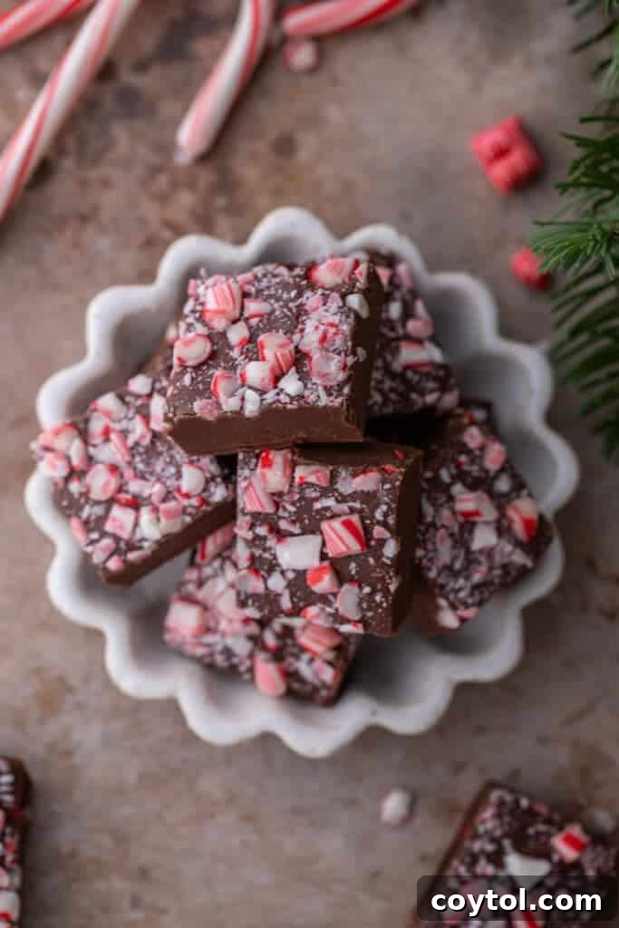 An overhead shot of multiple squares of finished peppermint fudge stacked appealingly in a bowl.