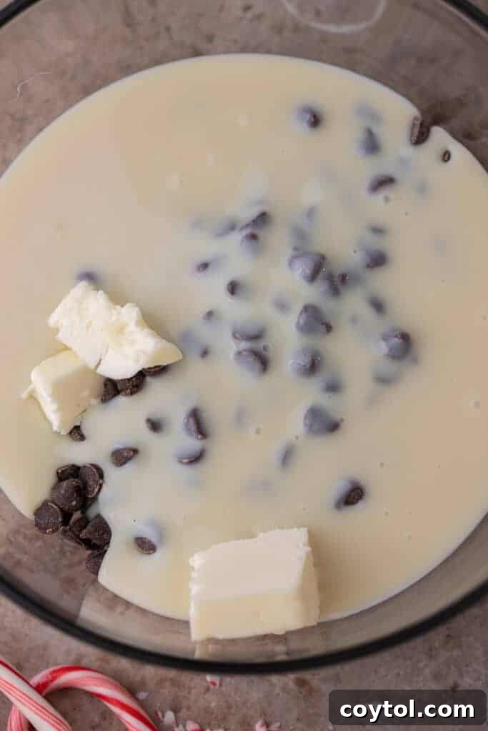 Unmixed ingredients for peppermint fudge together in a bowl before heating.