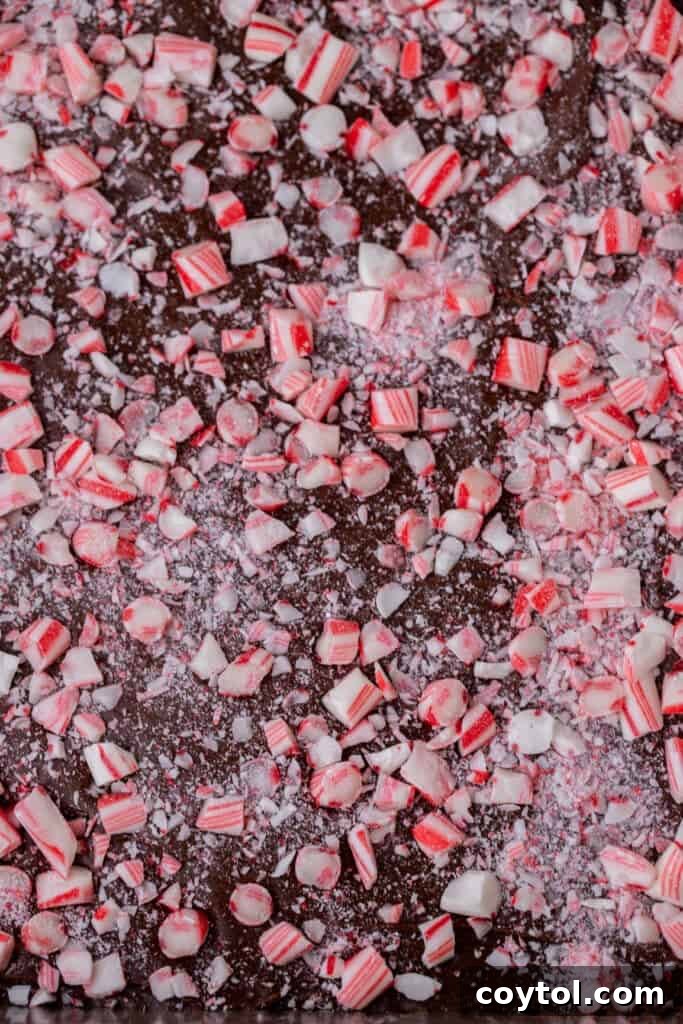 Finished and cooled peppermint fudge recipe, neatly cut into squares in the pan.