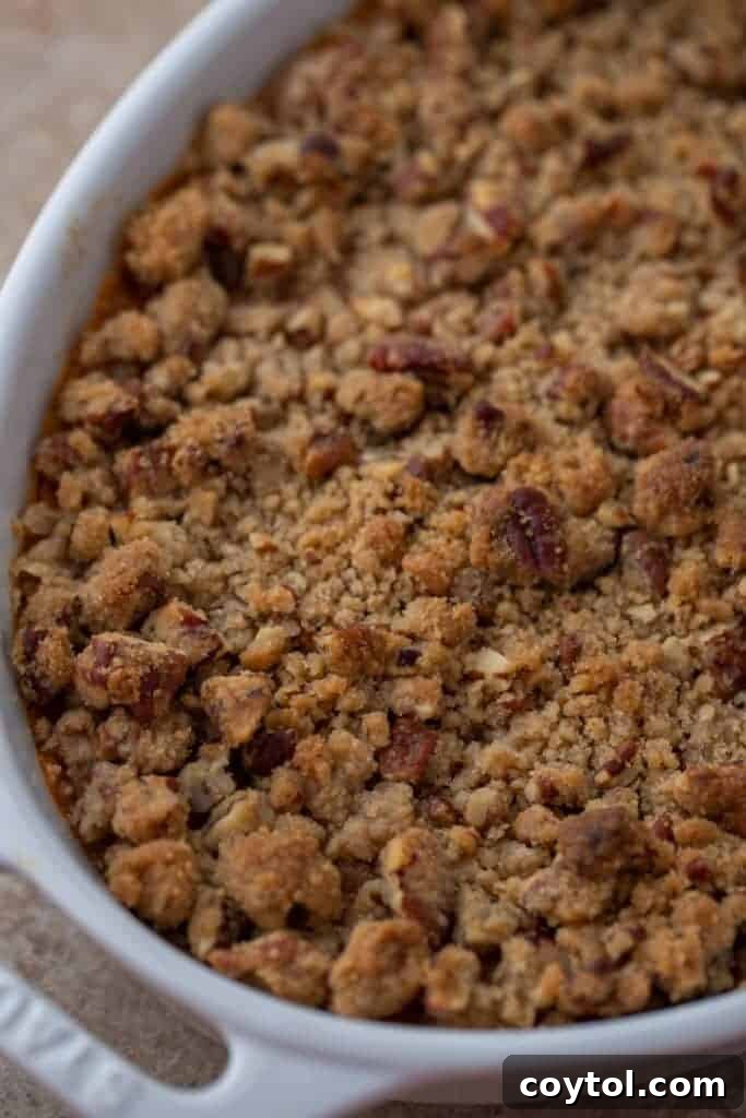 A close-up shot of the irresistible golden-brown pecan streusel topping on a baked sweet potato casserole, showing its crunchy texture.