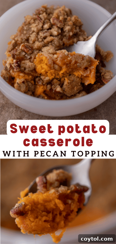 A top-down view of sweet potato casserole, perfectly baked with a golden, crumbly pecan streusel, suitable for a holiday meal.